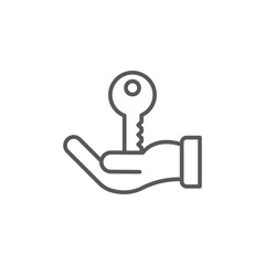 Hand holds home keys icon, color, line, outline vector sign, linear style pictogram isolated on white. Symbol, logo illustration