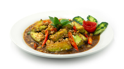 Eggplants Stir Fried with Minced Pork, Chilli, Sweet Basil Thaifood Style