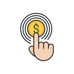 Hand using touch screen and coin icon, color, line, outline vector sign, linear style pictogram isolated on white. Symbol, logo illustration