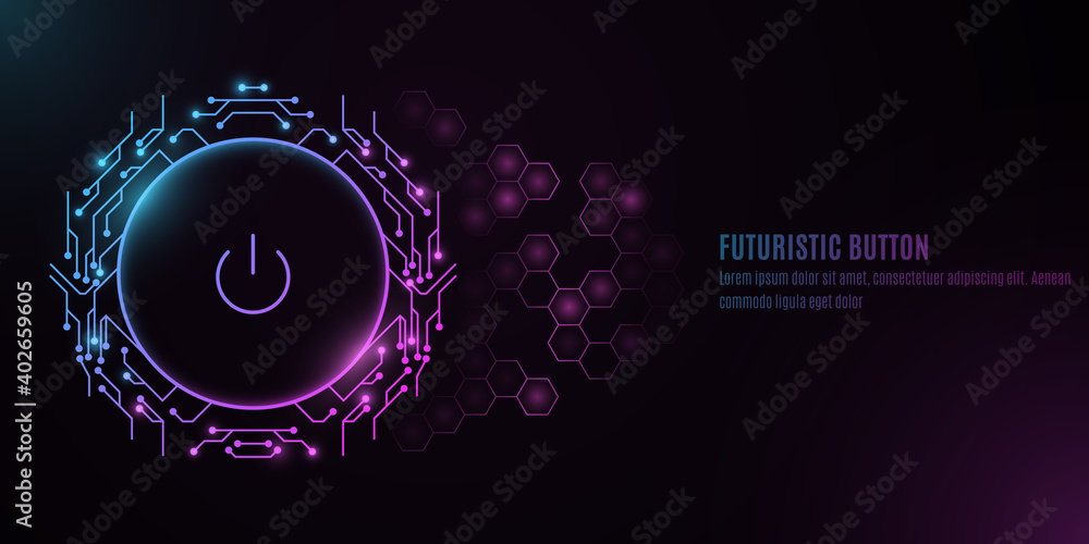 Poster futuristic power button with computer circuit board on a background with a pattern of hexagons. hud 