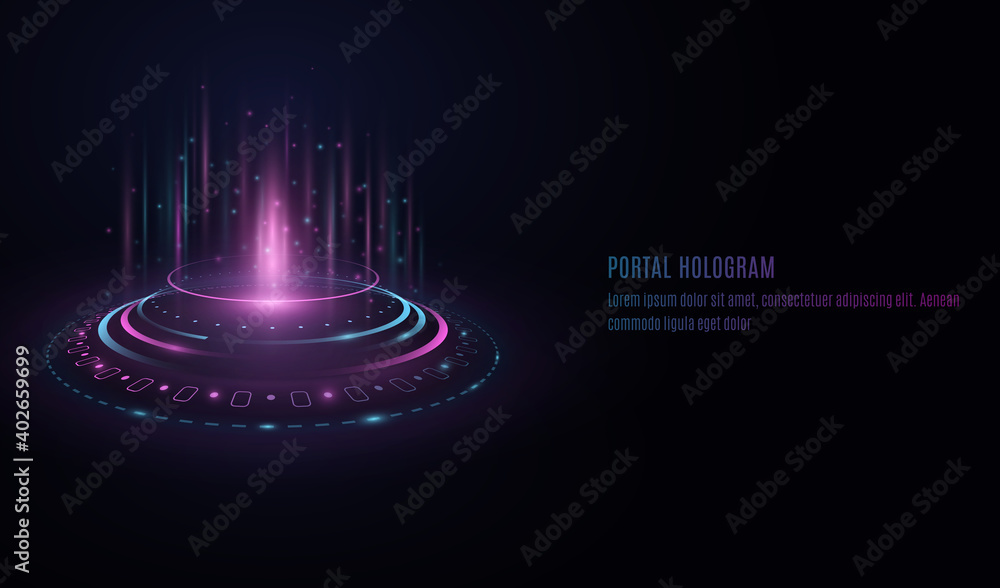 Poster futuristic portal hologram with hud interface elements on transparent background. purple and blue li