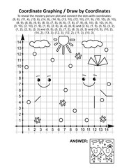 Coordinate graphing, or draw by coordinates, math worksheet with St Valentine's Day two friendly hearts: To reveal the mystery picture plot and connect the dots with given coordinates. Answer included
