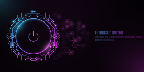 Futuristic power button with computer circuit board on a background with a pattern of hexagons. HUD interface and UI concept. Cyber neon switch. Vector illustration