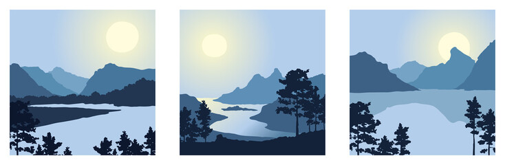 Swedish nature landscapes with mountains and pines. Three vector illustrations. Twilight, sunset.	 - obrazy, fototapety, plakaty