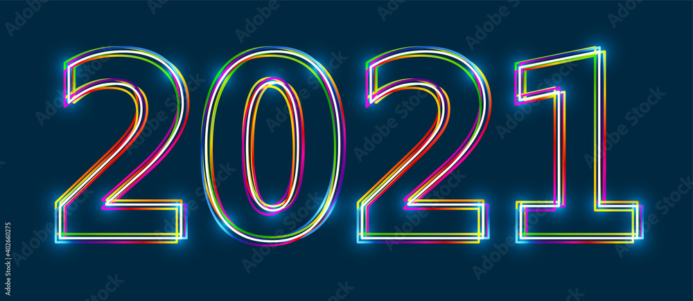 Poster colorful multi-layered outline of 2021 with glowing light effect on a blue background. vector illust