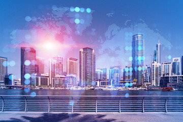 Skyscrapers of Dubai business downtown. International hub of trading and financial services. Social...