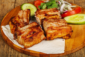 Grilled pork shashlick served vegetables