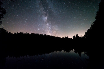 Germany, Black Forest Schwarzwald reflecting lake water under millions of stars of the milky ways...