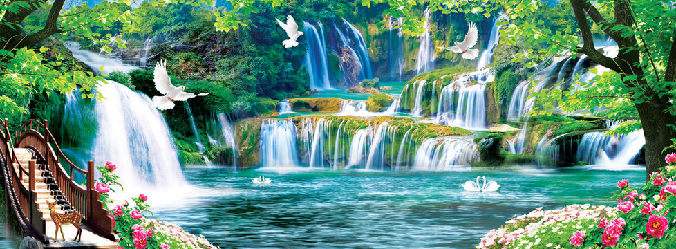 3d mural colorful landscape .
flowers branches multi colors with trees and water . Waterfall and flying birds .
suitable for print on canvas 
