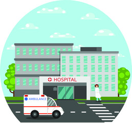 Obraz na płótnie Canvas Hospital outside. Vector illustration. There are two buildings and a main entrance. In the foreground is an ambulance that has pulled up to a hospital, and a doctor is standing near the entrance.