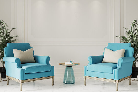 modern living room with blue armchairs, 3d render