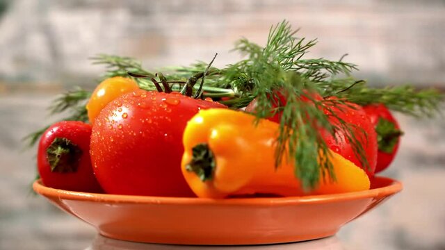 A set of products red tomatoes, a bunch of dill, cucumbers, cabbage, broccoli.