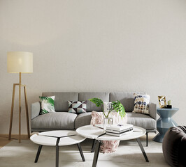 modern living room interior with sofa and colorful pillows, 3d render