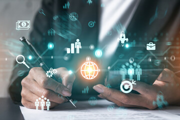 Business analysis hologram and a woman signing contract use phone. Double exposure.