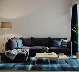 modern living room with blue sofa and pillows, 3d render