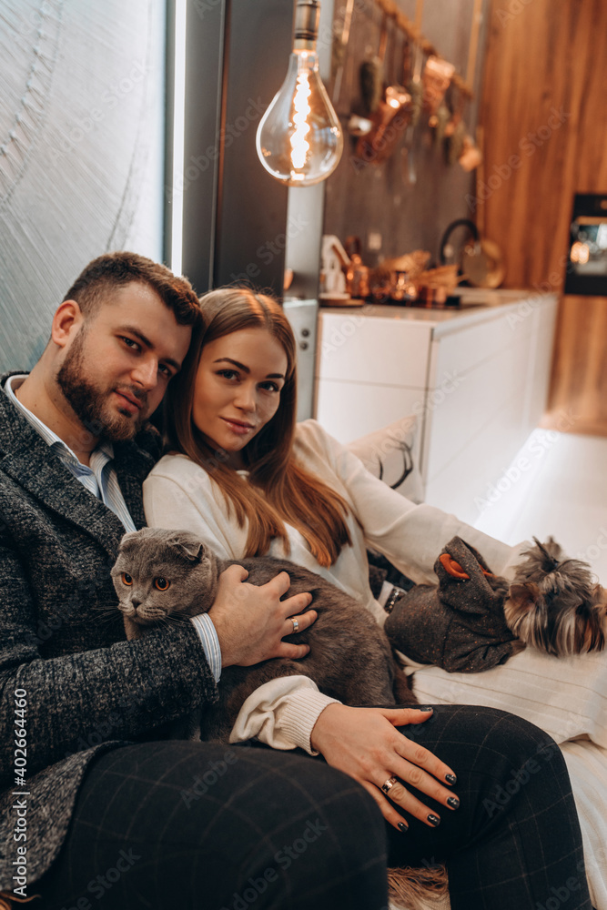 Wall mural young married couple in a cozy home environment. on the hands of a gray cat. studio photography.