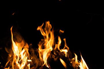 Fire flames on a black background. Abstract fiery texture. Realistic fire flames burn movement frame. Texture for Design. The texture of fire. Fire flames background. Blazing campfire. Sensitive focus