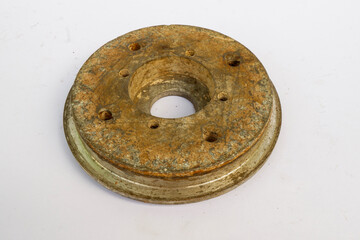 old equipment from grinder machine on a white background
