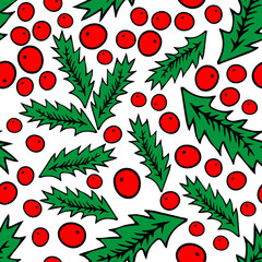 Seamless pattern of Colored red and green outline hand drawing vector illustration of a carved Christmas holly plant isolated on a white background
