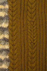 Wool knitted canvas in  mustard with ribs  and moheir cable, hand knit, pattern, place for text