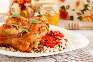 Indian cuisine: roasted chicken with rice and vegetables.