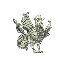 Cartoon Rooster .Decorative ornamental graphic  rooster is hand-draw. Ornamental roosteris an unusual fairy-tale bird with body patterns drawn on a white background.