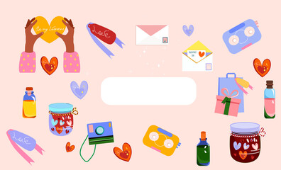 Set with Valentine`s day symbols.Love jars with hearts,tag card with ribbon, retro audiotape,gift,letter,photo camera.Romantic presents and accessories.Vector collection for card,website in flat style