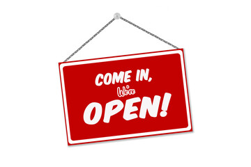 red sign come in we are open, with shadow isolated on white background realistic design template