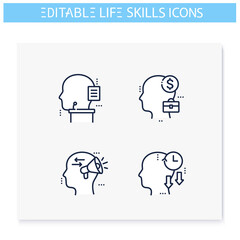 Life skills line icons set. Personality strengths. Oratory, management, business skills and more. Soft skills concept. Human resources management. Isolated vector illustrations. Editable stroke 