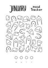 A4 print mood tracker for January with Winter hats, mittens. Tracker for tracking your daily mood for 31 days