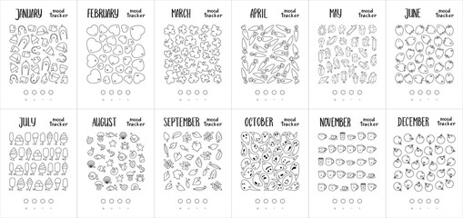 A4 print mood tracker for January, February, March, April, May, June, July, August, September, October, November, December. Tracker for tracking your daily mood for 28, 30, 31 days