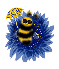 Bee. A striped black and yellow bee, an insect on a flower, wearing black glasses and carrying an umbrella.