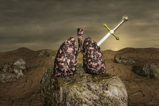 Excalibur in disease lung on stone at sunset day. No smoking day world,31 May or quitting smoking or smoking cessation concept. 3D illustration