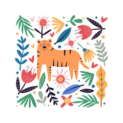Fototapeta na wymiar Cute tiger flat vector illustration. Funny tiger with cute flowers and leaves. Childish t shirt print design.