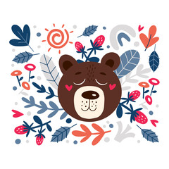 Cute bear flat vector illustration. Funny bear with cute flowers and berries. Childish t shirt print design.