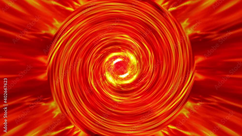 Poster Abstract illusion motion graphic loop of yellow orange red psychedelic twisting helix vortex energy light. 4K loop fast moving colorful round striped swirling hypnotic rotating abstraction art effect.