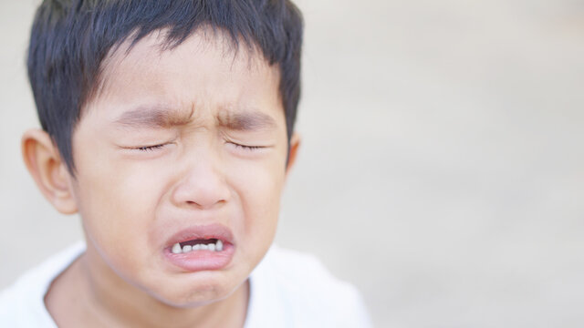 Asian Boy About 3 Year Old Unhappy Boy Crying Face He Feel So Sad Concept.