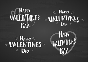 Fototapeta na wymiar Set of hand drawn lettering quotes of Happy Valentine's Day with doodle hearts on blackboard background. Gretting cards.