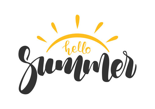 Hand drawn lettering composition of Hello Summer with doodle sun. Handwritten calligraphy design.