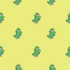 Seamless pattern with  cute cartoon smart dragon on green background. Funny crocodile print. Reading reptile poster. Vector doodle line art wallpaper. Illustration for children. Books and studying.