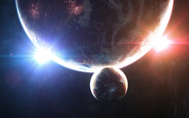 Inhabited planets of deep space. Rising of red and blue stars. Science fiction. Elements of this...