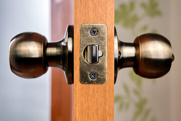 Close-up of new brass door handles with latch.