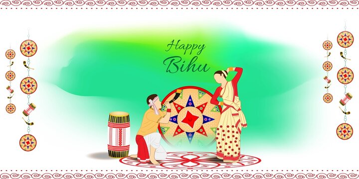 Vector illustration of Happy Rngoli Bihu, Assamese New Year, Indian traditional festival, Harvest festival of Assam, Couple performing Bihu folk dance.