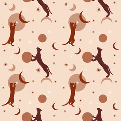 Seamless pattern with cat silhouettes in windows with planets, moon and stars. Modern fantasy background in beige and Terracotta colors