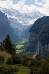 Fototapeta na wymiar The spectacular Lauterbrunnen valley, Breithorn and the Staubbach Falls, Bernese Oberland, Switzerland, from Wengwald