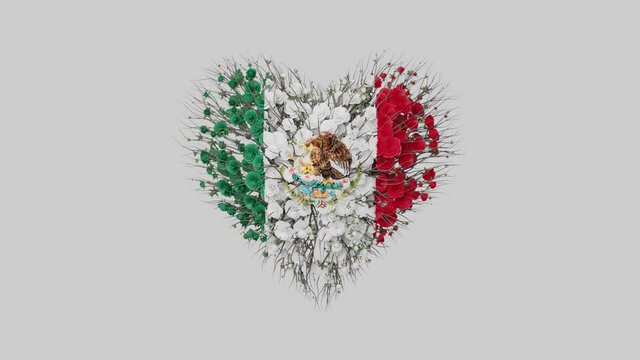 Mexico National Day. September 16. Independence Day. Heart animation with alpha matte. Flowers forming heart shape. 3D rendering.