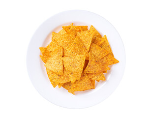 mexican nachos chips on a ceramic plate isolated on a white background, top view.