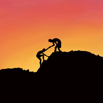 illustrated silhouette of  boys , one helping his  others .