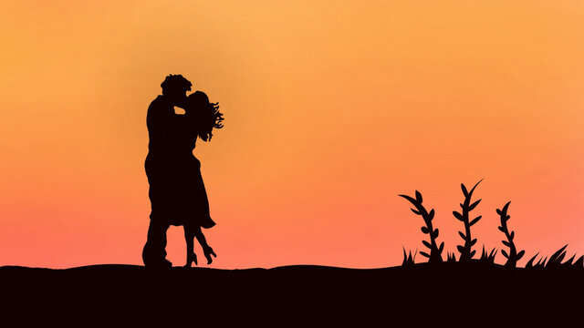 silhouette of kissing couple .