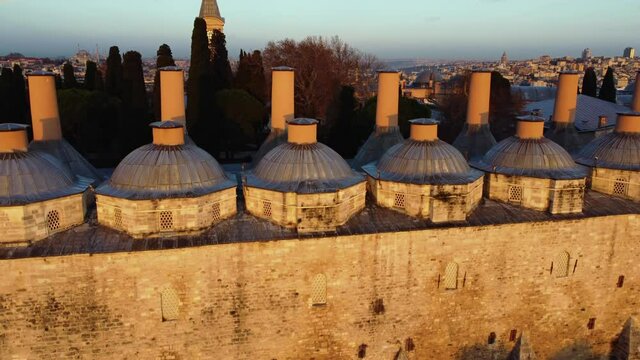 Aerial view of Topkapi Palace and Historical Peninsula in Istanbul. Footage in Turkey